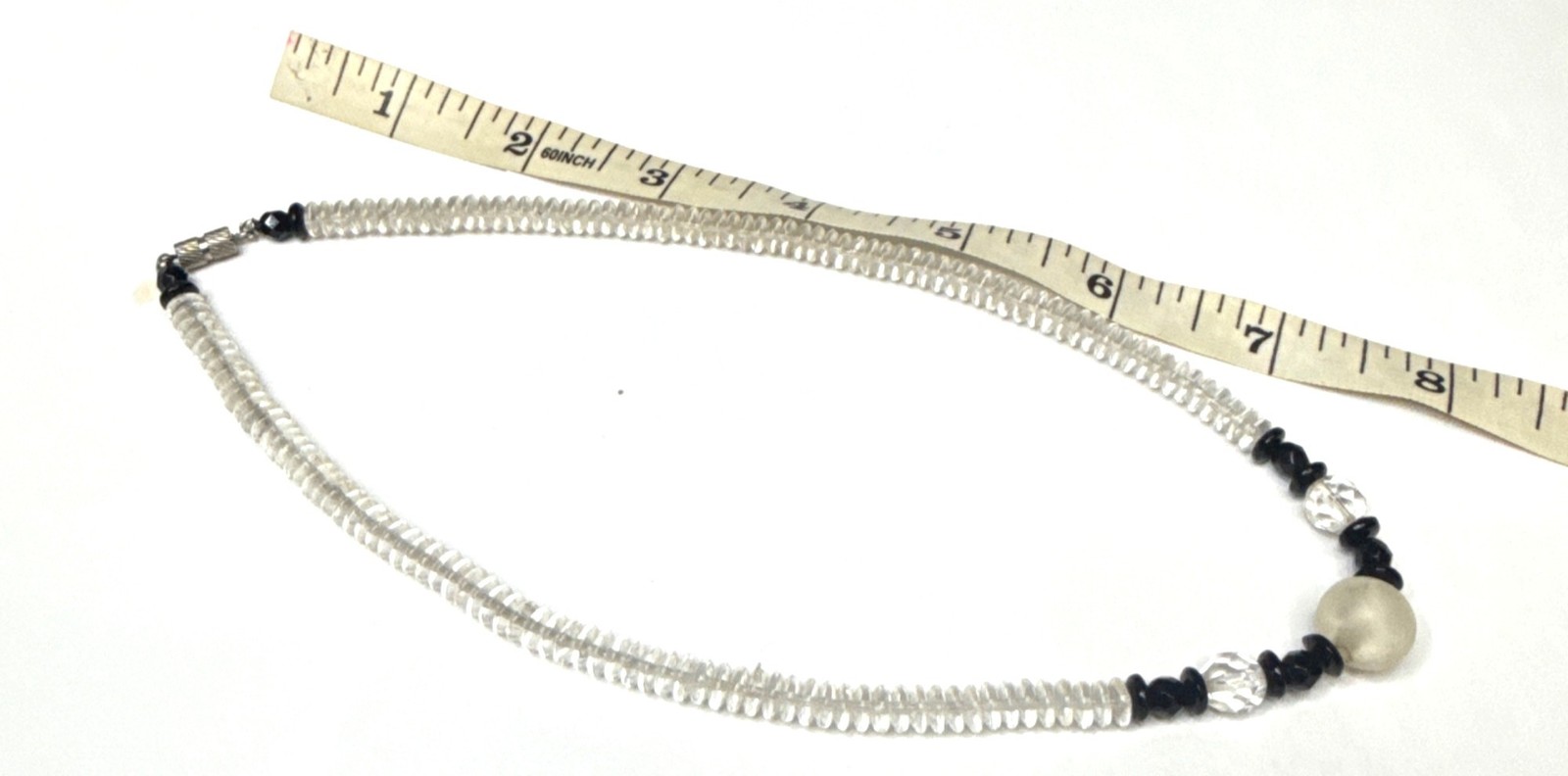 Handmade Beaded Necklace Clear Black Glass Beads White Center Stone Jewelry