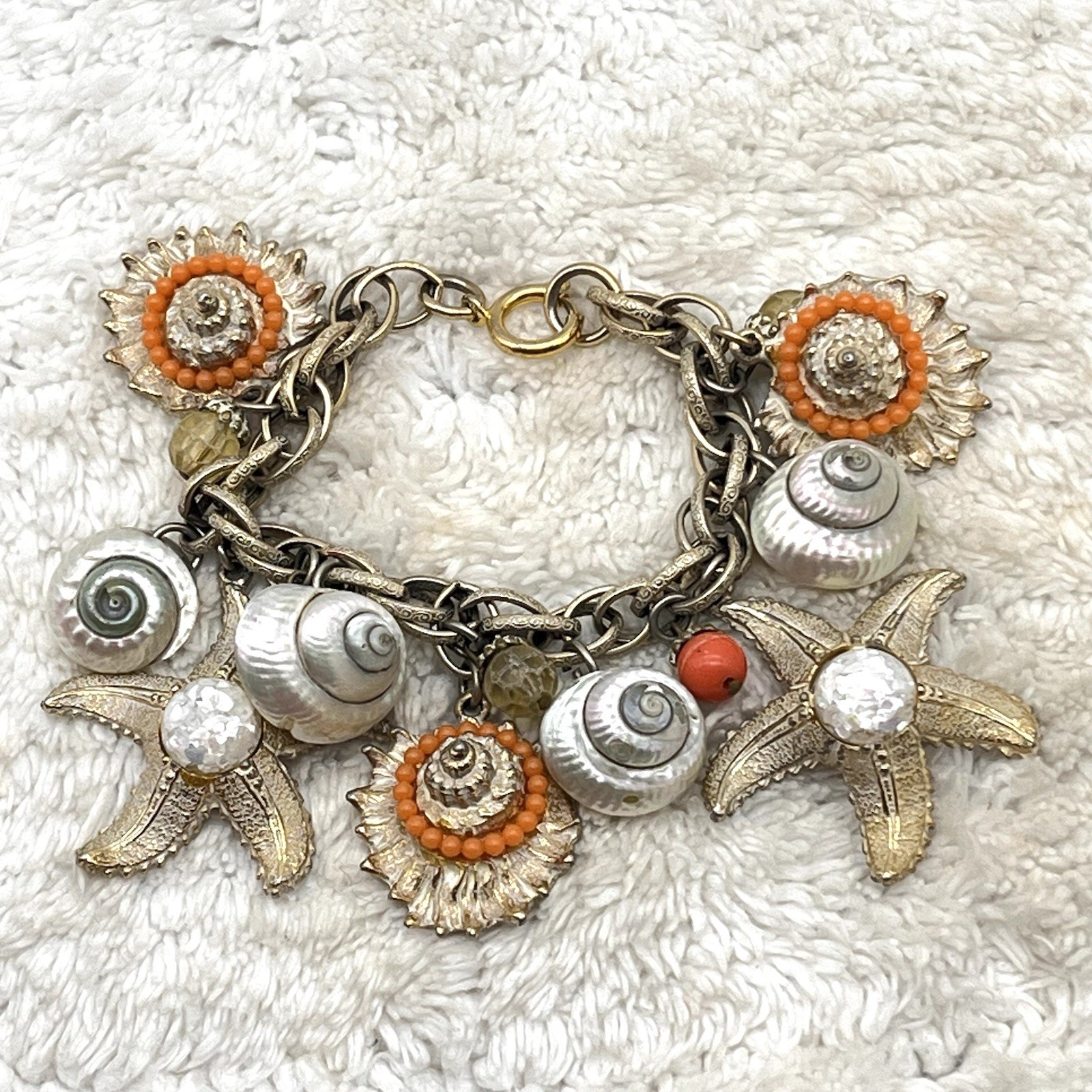 Vintage Chunky Charm Bracelet Sea Shell Bead Starfish Signed Germany 7″