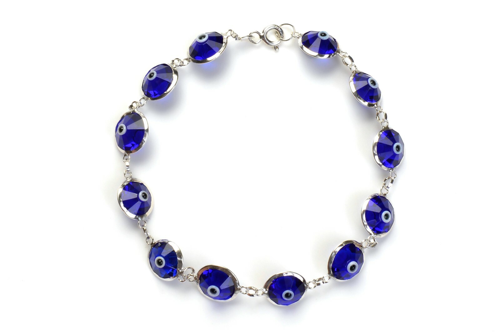 Solid 925 Sterling Silver 10MM Dark Blue Crystal Evil Eye Bracelet – 7.5″