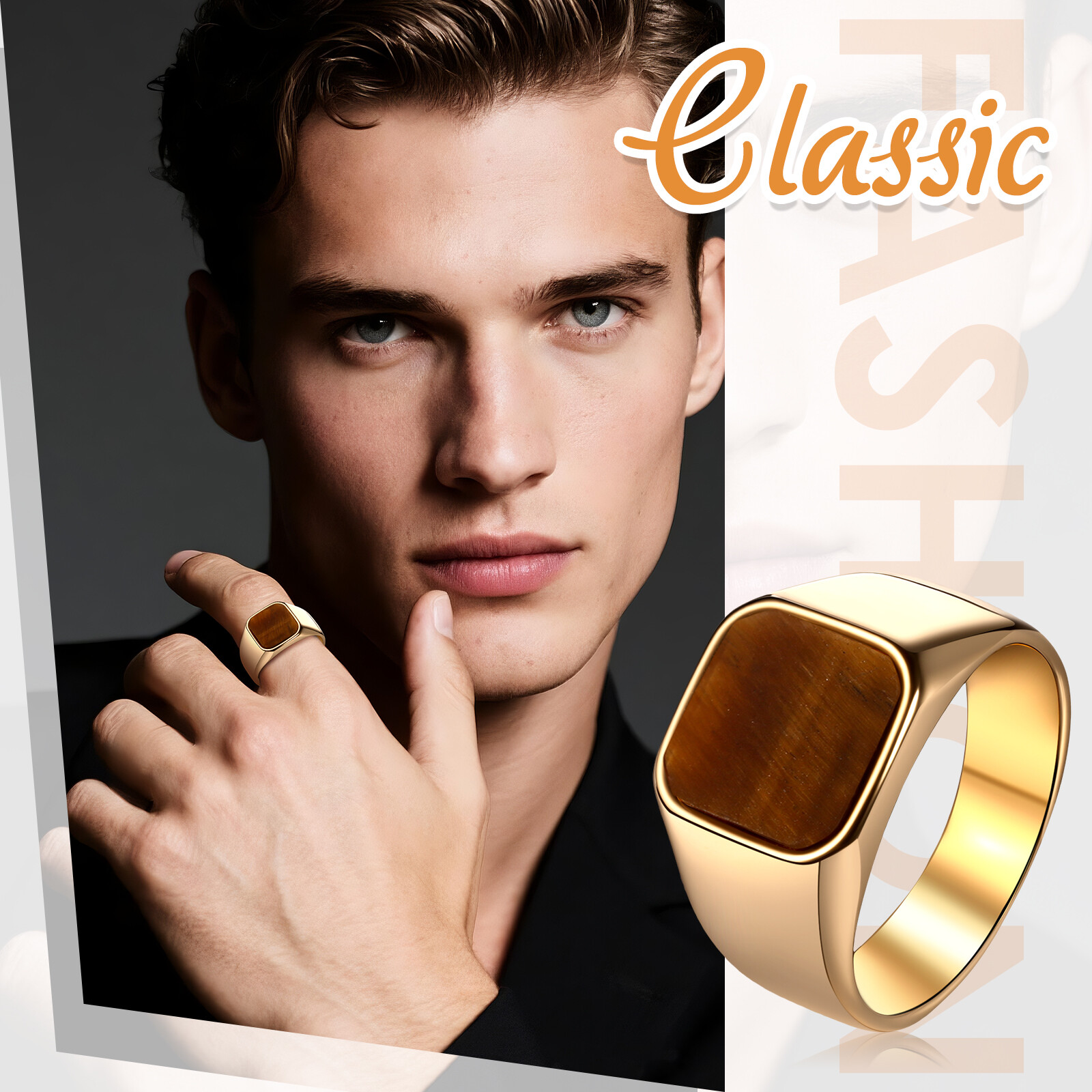 ‌Men’s Classic Stainless Steel Tiger Eye Stone Signet Ring Band Gift Size 6-13