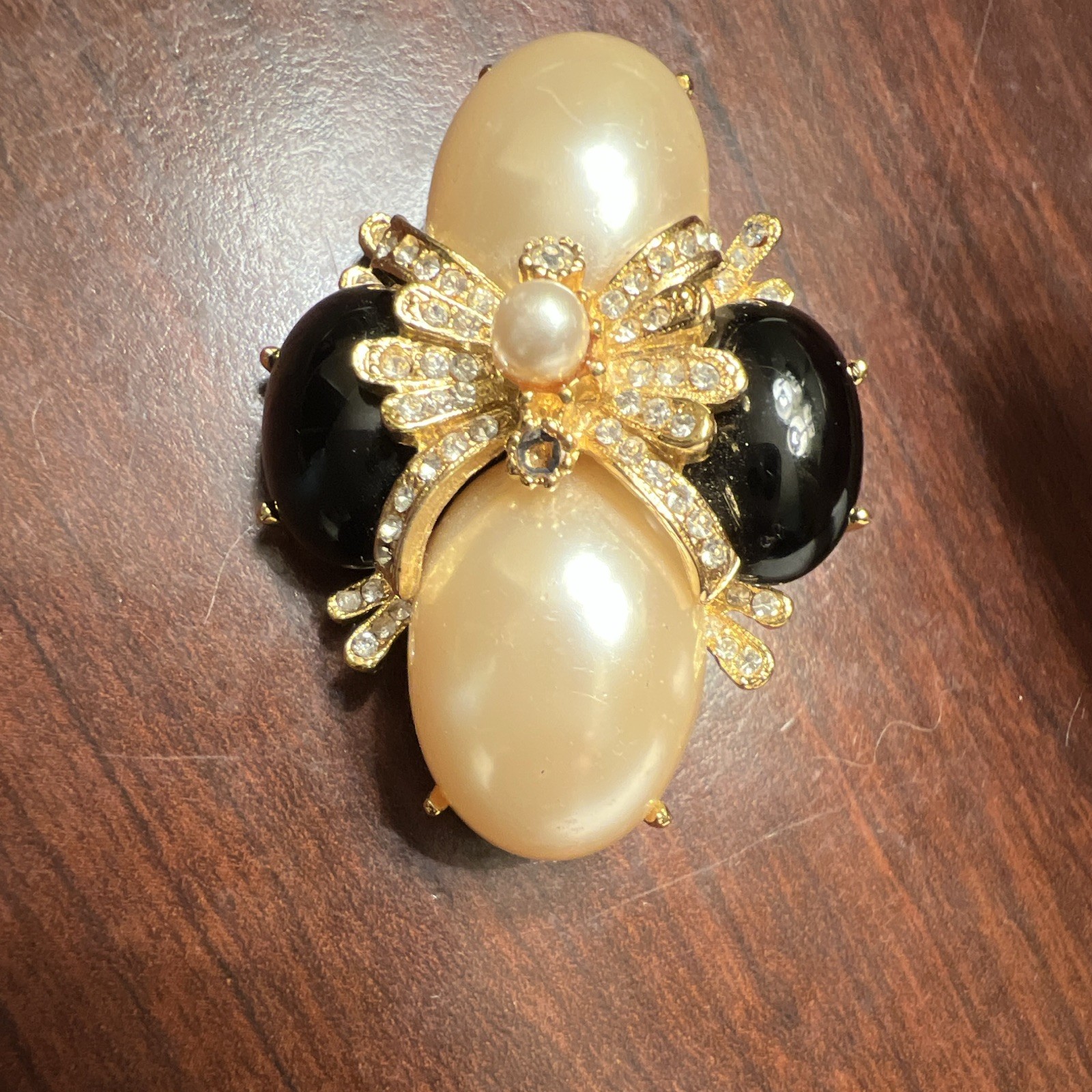 Vintage Signed Joan Rivers Faux Pearl & Black Enamel & Crystal Gold Tone Brooch