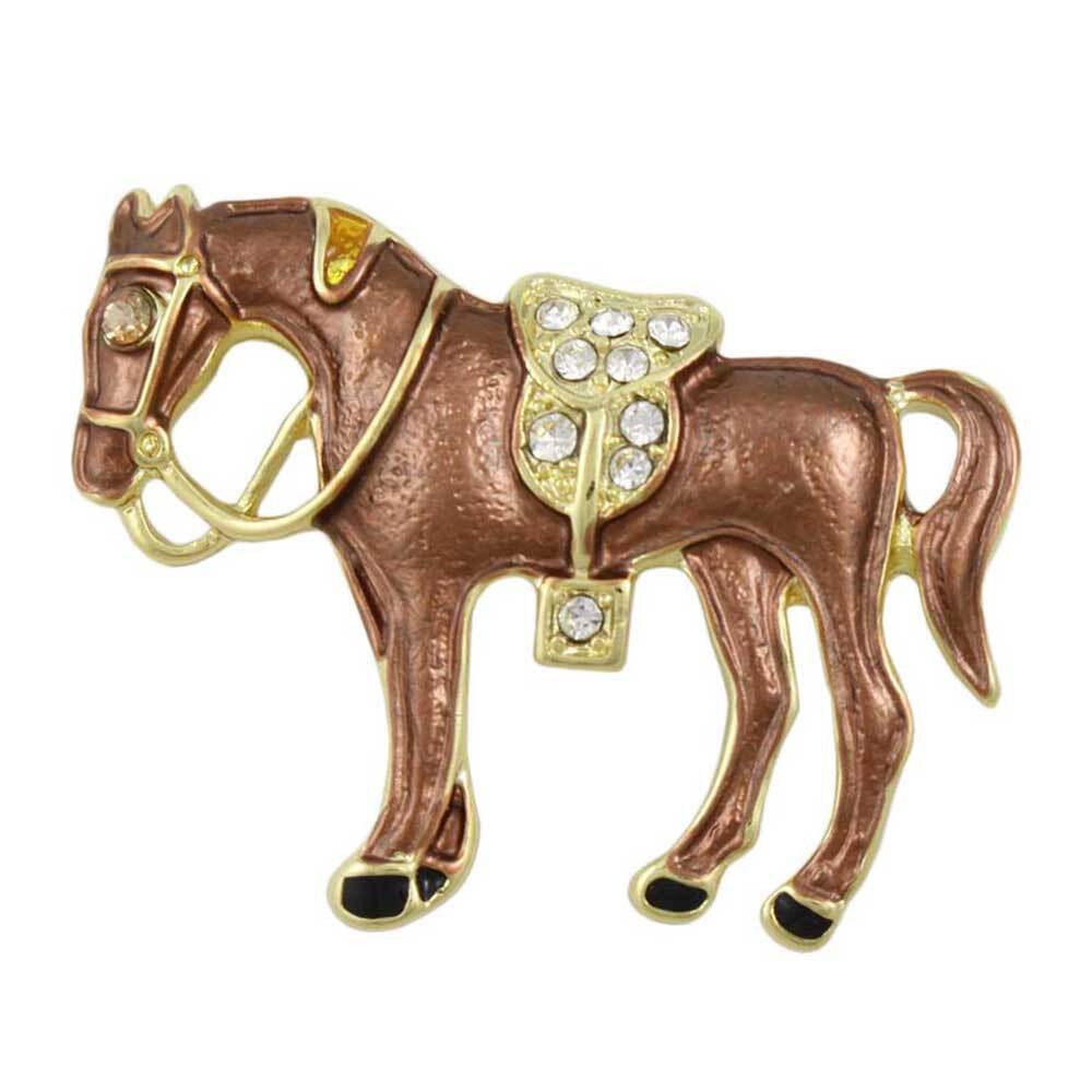 Brown Enamel Horse with Crystal Saddle Brooch Pin – PRA418D