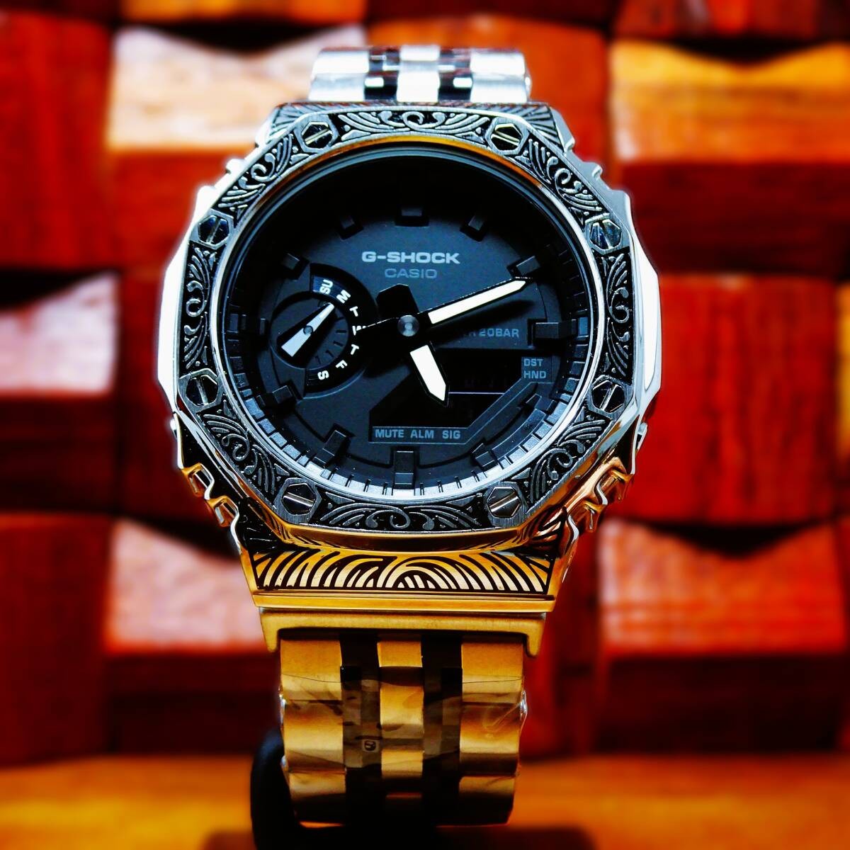 CUSTOM CASIO G-Shock GA-2100-7A Stainless Steel Venetian Pattern New item in Box