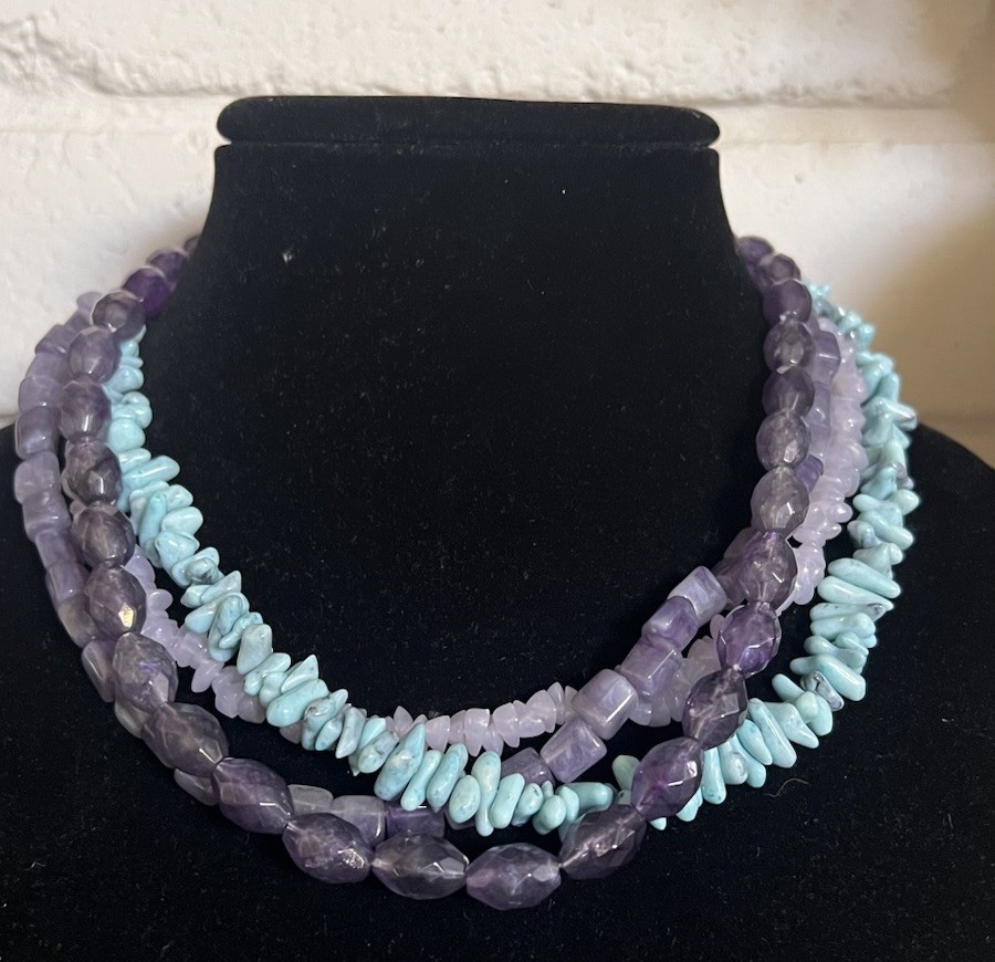 Purple & Teal Faux Stones Plastic Multi Strand Filigree End Caps Beaded Necklace