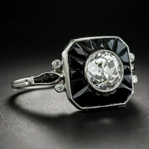 Art Deco Vintage Round Lab Created Diamond & Onyx Engagement Ring In 925 Silver