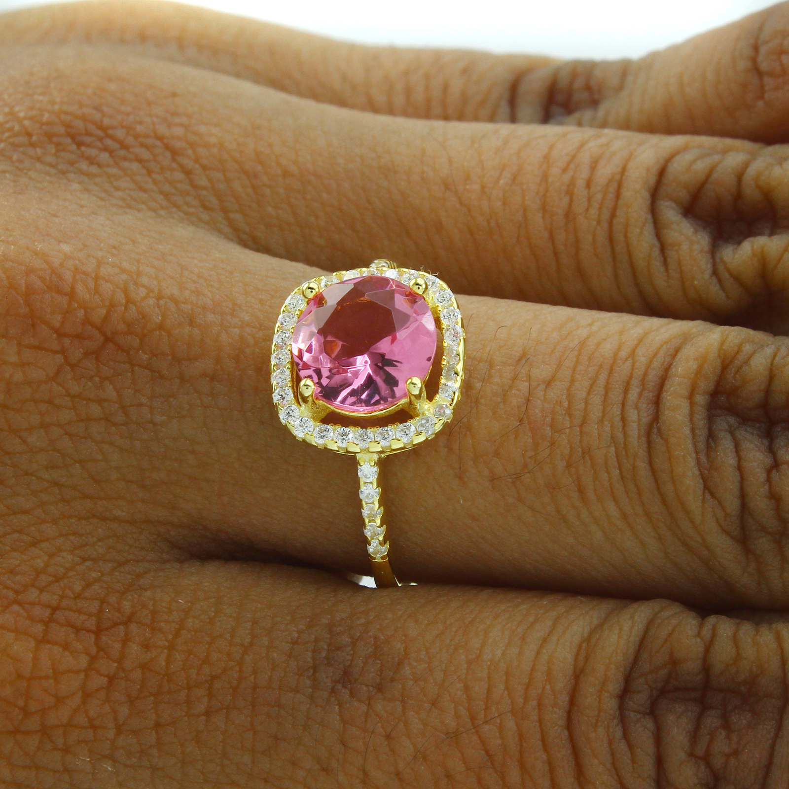 18K Yellow Gold Plated Cushion Shape Pk Sapphire& CZ Solitaire Engagement Rg 6