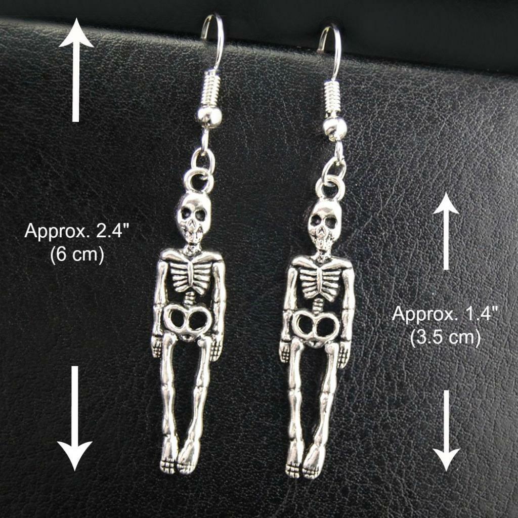 SKELETON EARRINGS 2.4″ Halloween Skull Drop Dangle Stainless Steel Ear Wires NEW