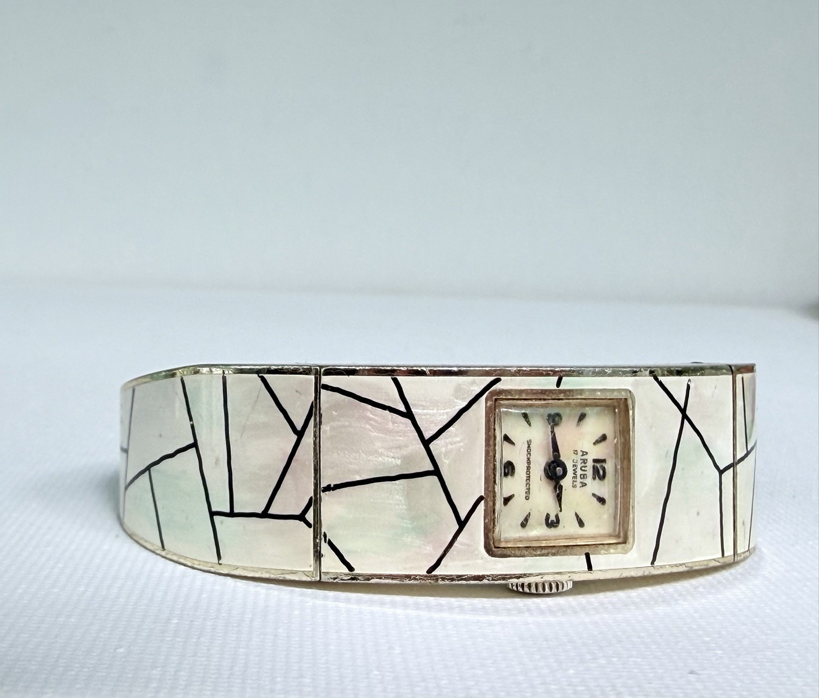 ARUBA Swiss Made 17 Jewels Vintage Square Mother of Pearl Bangle Wristwatch