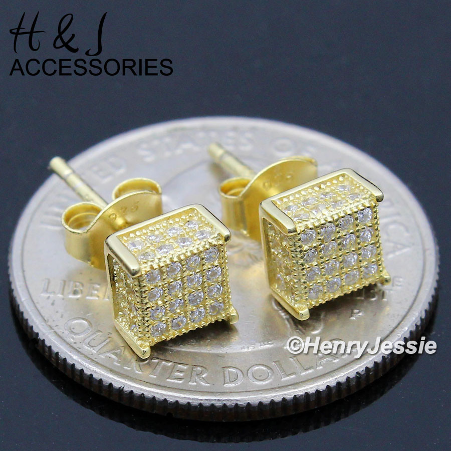 925 STERLING SILVER 6MM ICY CZ SQUARE PUSH BACK GOLD PLATED STUD EARRING*AGE169