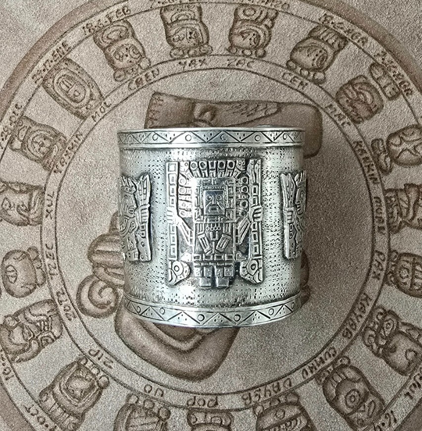 Vintage Peruvian Sterling Silver Cuff Bracelet Pre-Columbian Inca Inspired Motif