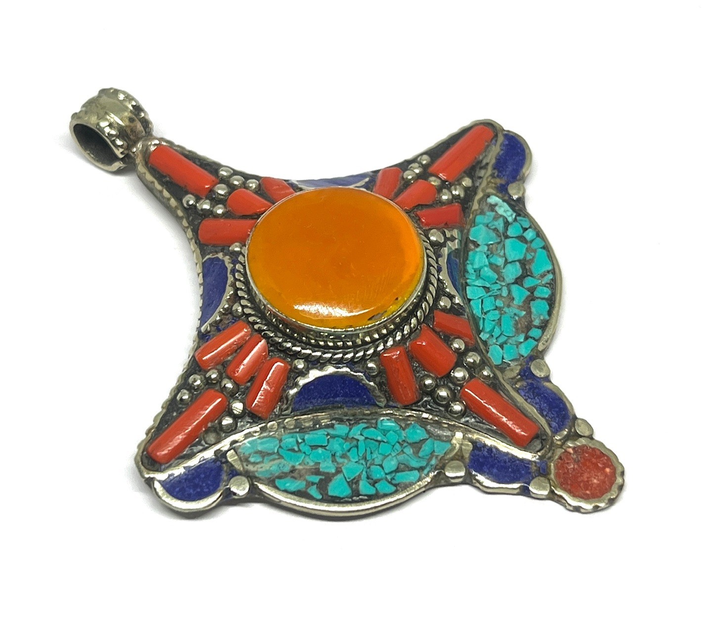 Ethnic Coral Turquoise Amber Gemstone Tibetan Style Pendant Jewelry, 3.0 inch