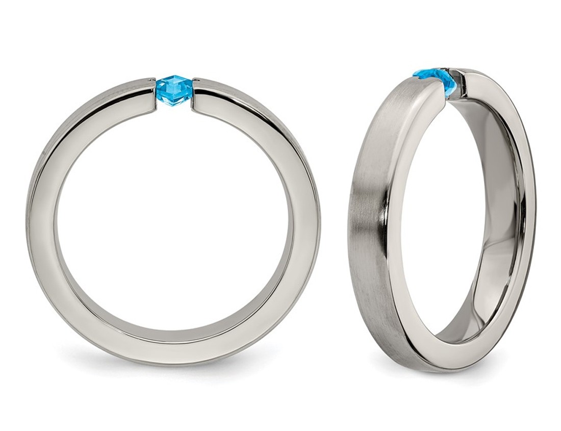 4mm Brushed Titanium Wedding Band Ring with Blue Topaz