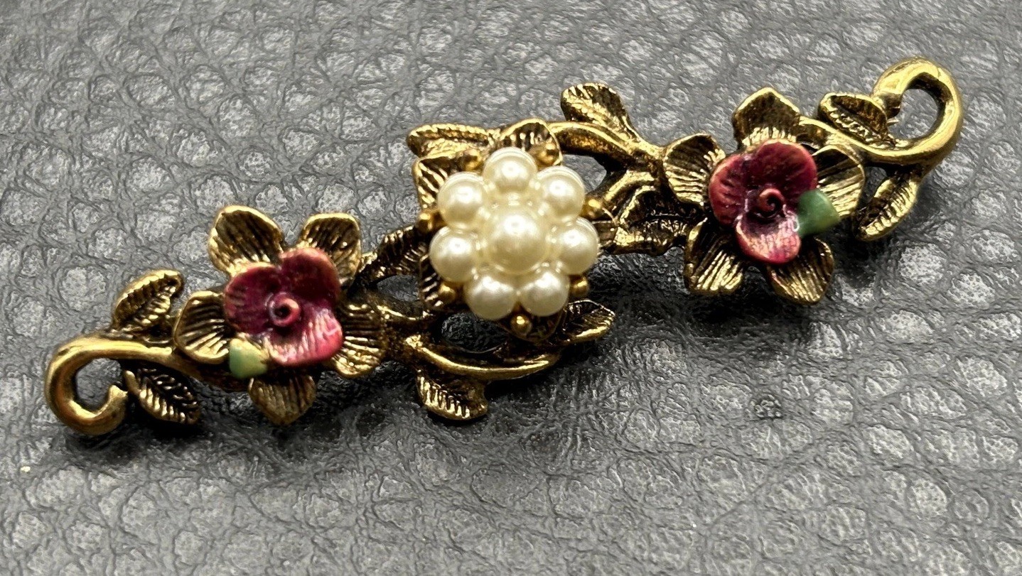 Vintage 1928 Brand Gold Tone Faux Pearl Enamel Floral Bar Brooch Pin Costume