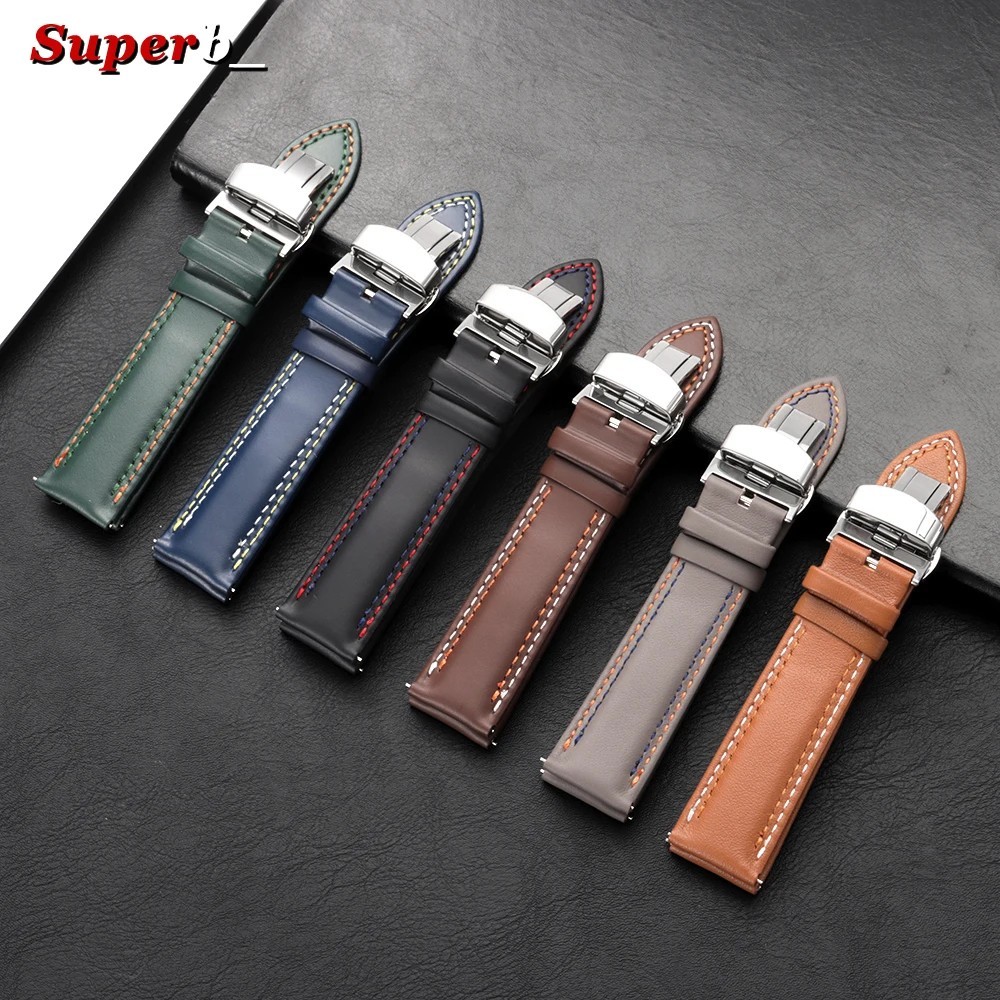 Genuine Calfskin Leather Watch Band 20mm 22mm 24mm Butterfly Buckle Strap