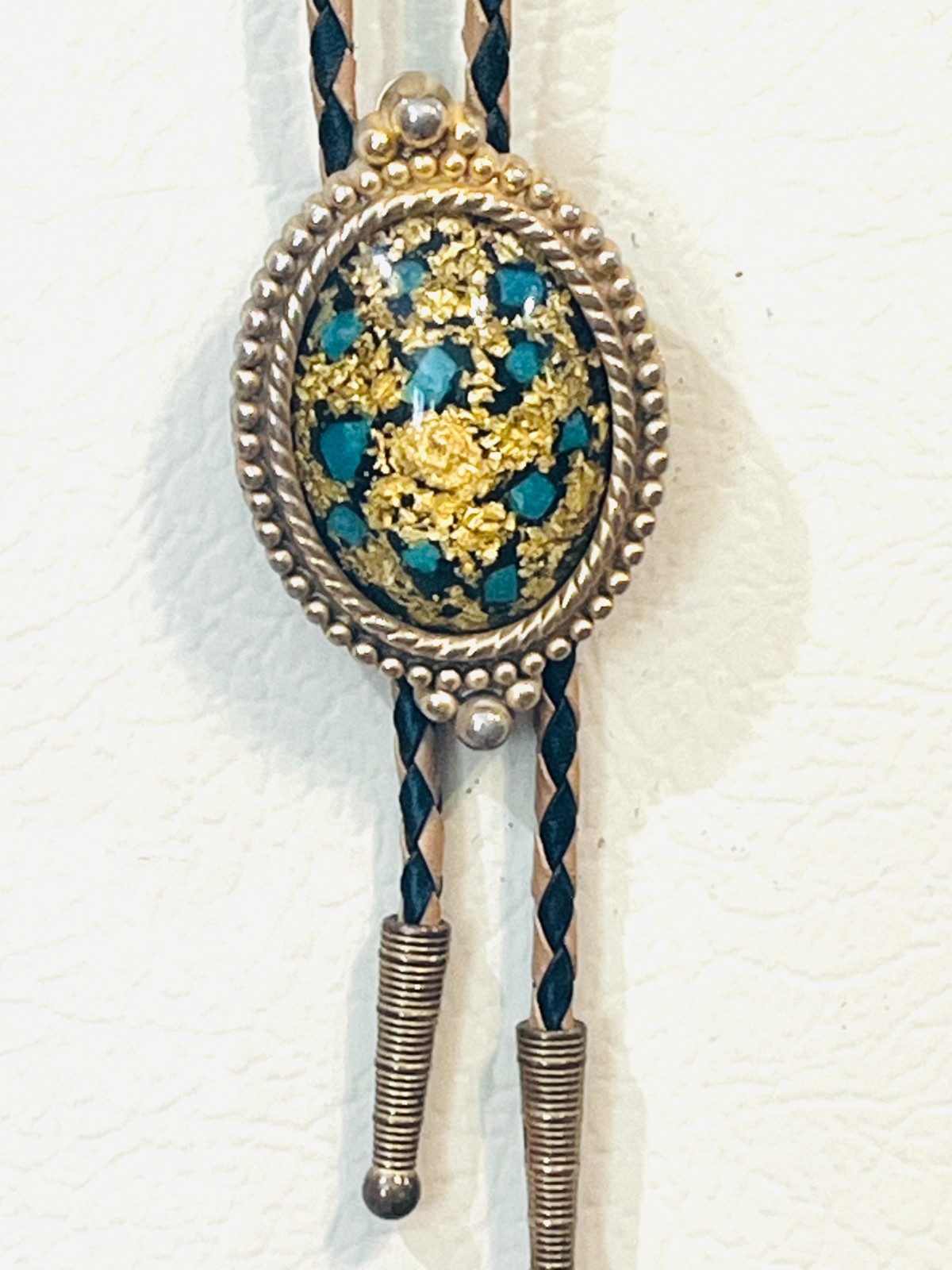 Vintage Mid Century Lucite Turquoise Chips Gold Flake Foil Western Bolo Tie MCM