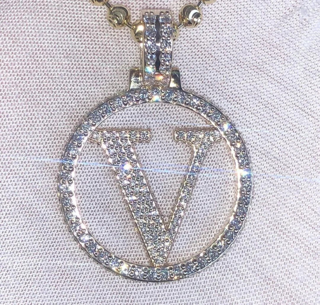 2.20Ct Round Cut Real Moissanite 925 Sterling Silver V Letter & Round Pendant