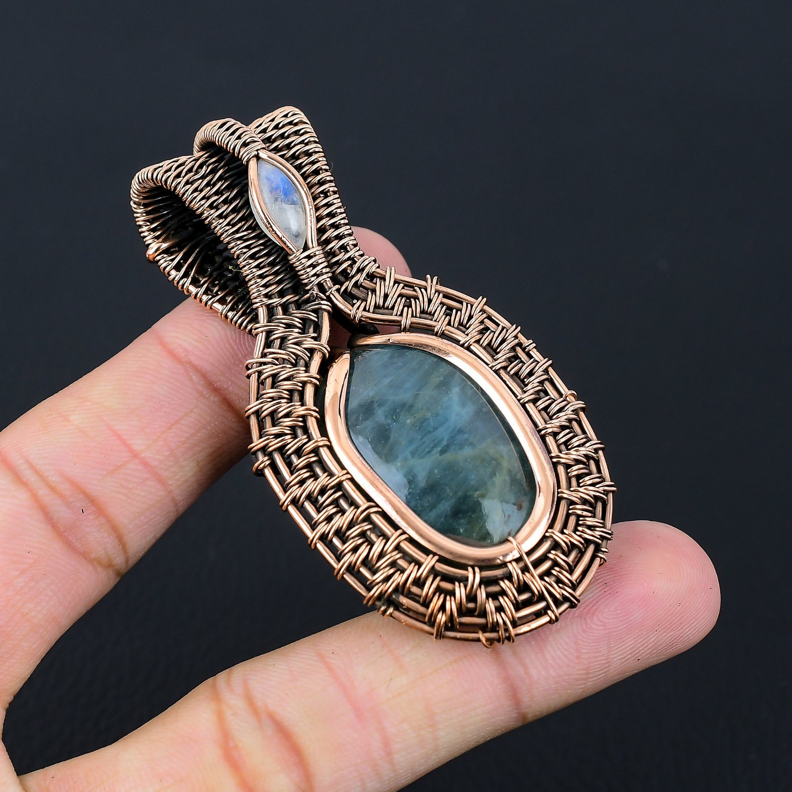 Neon Blue Apatite Handmade Gemstones Copper Wire Wrapped Moonstone Pendant