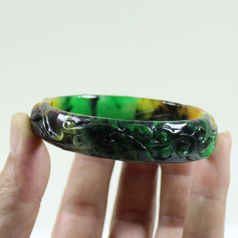61mm Real Natural Ice Multicolor Burmese Jade jadeite Carving Bracelet Bangle