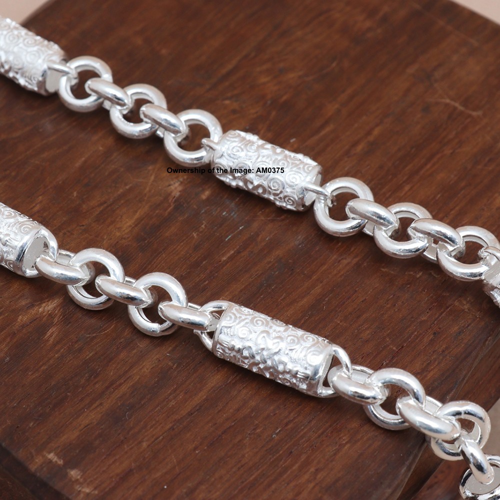 Real S999 Fine Silver Necklace 6.8mm Cloudy Tube and Rolo Link Chain Dragon Head