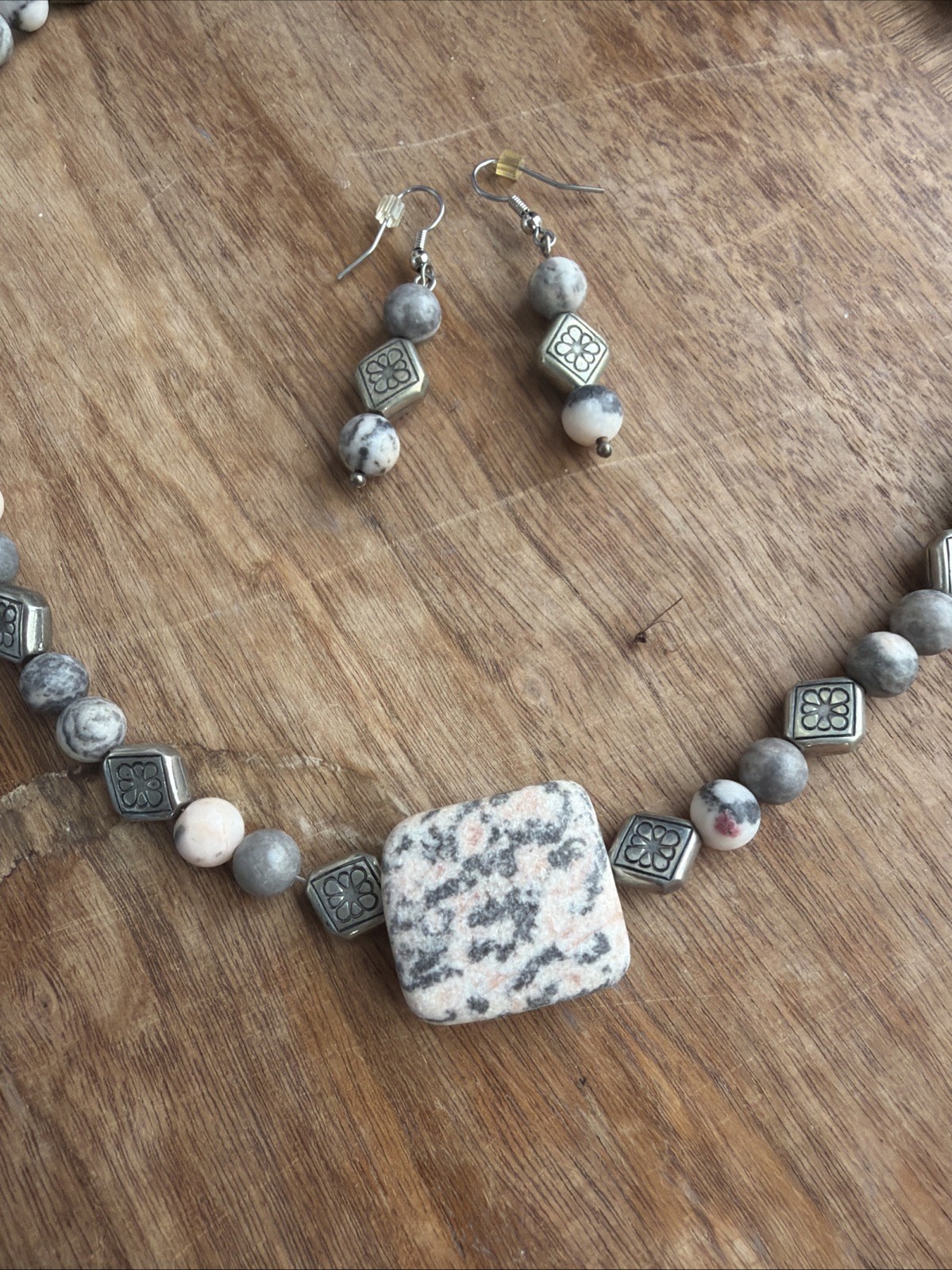 Stone And Bead Necklace And Earring Set Silver, Light Pink And Gray