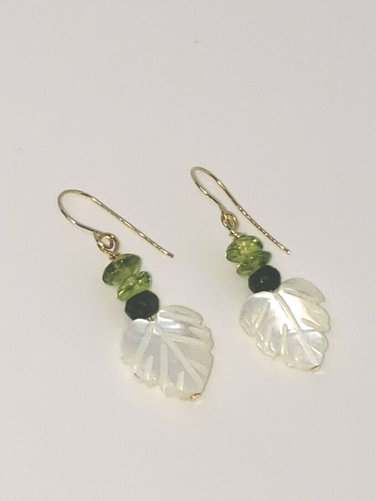 14k Yellow Gold White Iridescent Shell Leaf and Green Sapphire Dangle Earrings