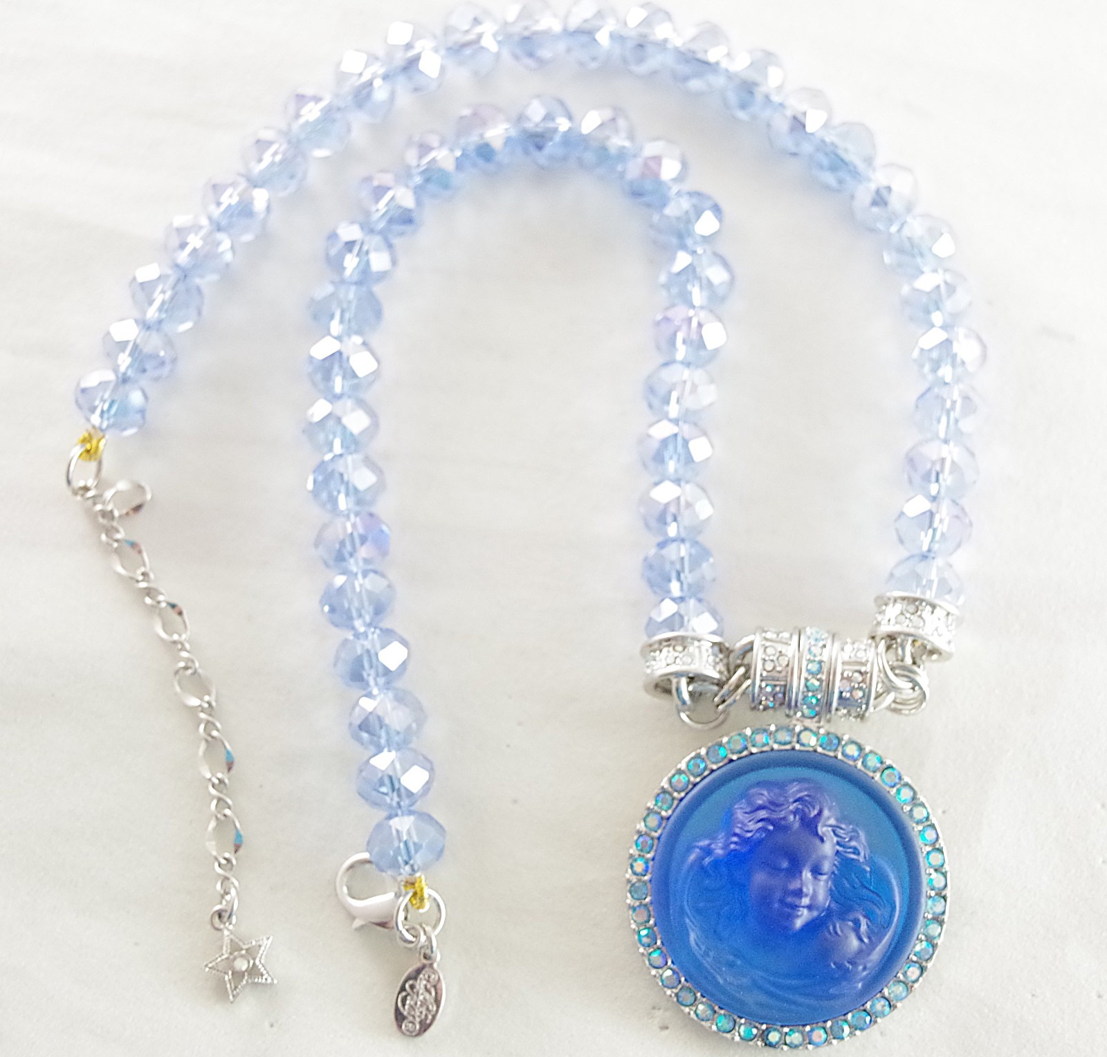 KIRKS FOLLY MAGNETIC CRYSTAL RHINESTONE BLUE ANGEL GODDESS SILVER TONE NECKLACE