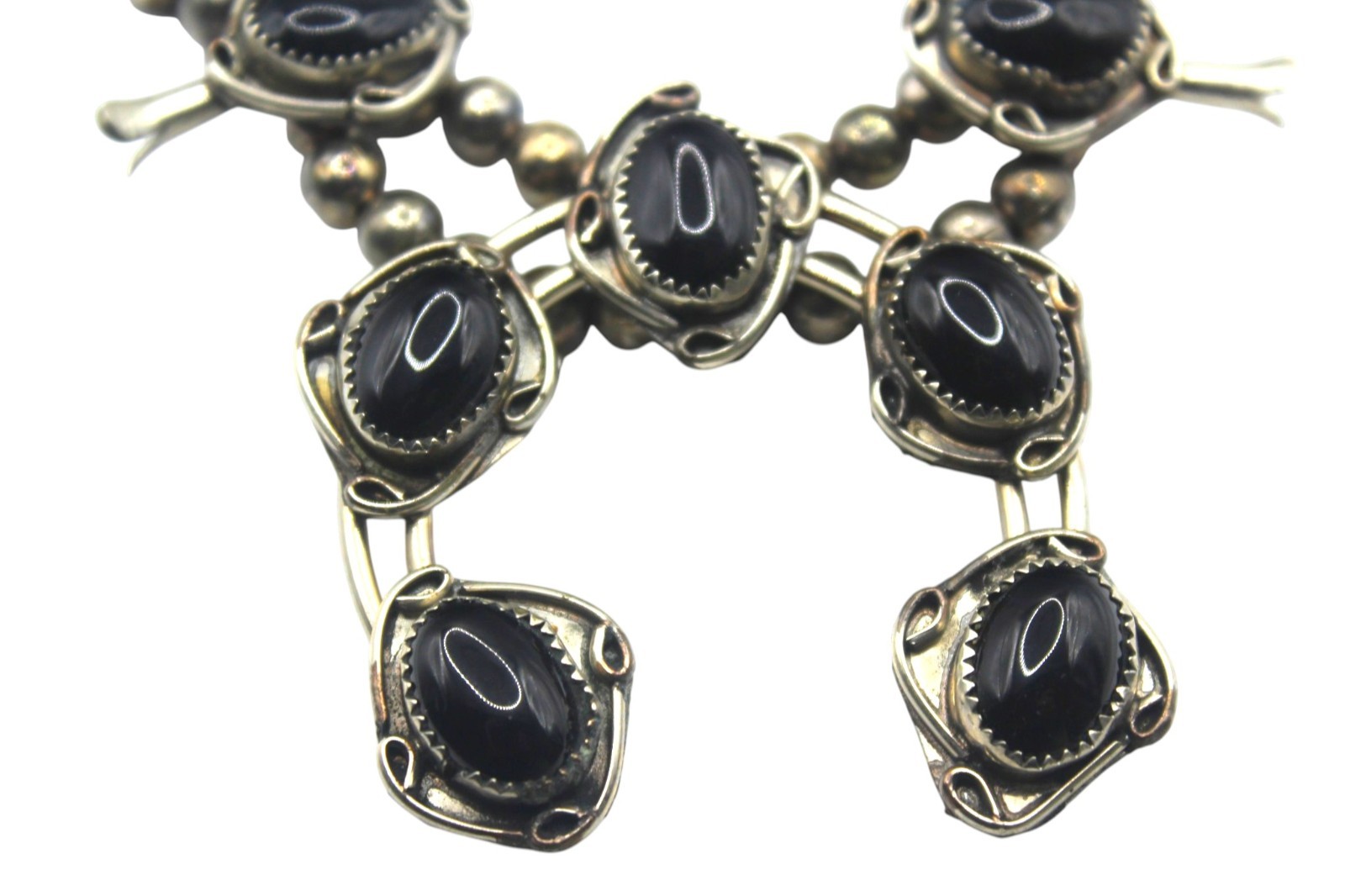 Vintage Silver Tone Black Onyx Squash Blossom Statement 24in Western Nickle
