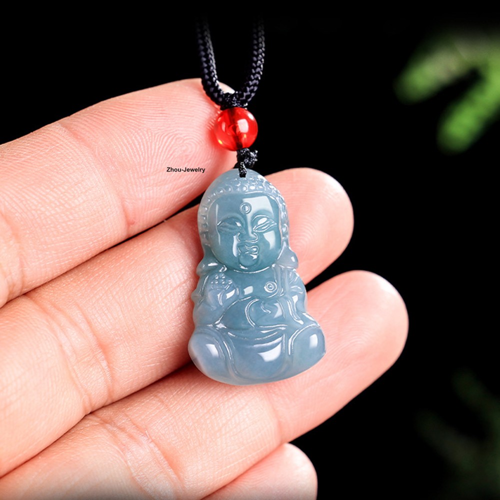 Natural Blue Water Jadeite Buddha Small Pendant – Grade A Jade Lucky Amulet