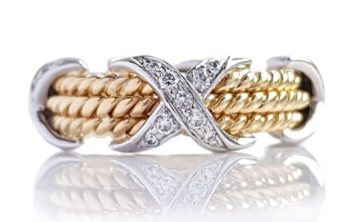 $10,300 TIFFANY & CO. SCHLUMBERGER THREE 3 ROW ROPE RING 18K GOLD PLATINUM SZ 7