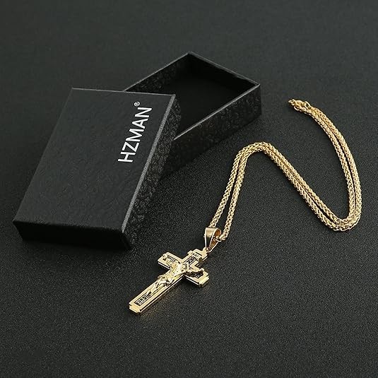 Cadena para Hombres Oro Chapado Cz Cruz de Jesus Colgante Collar