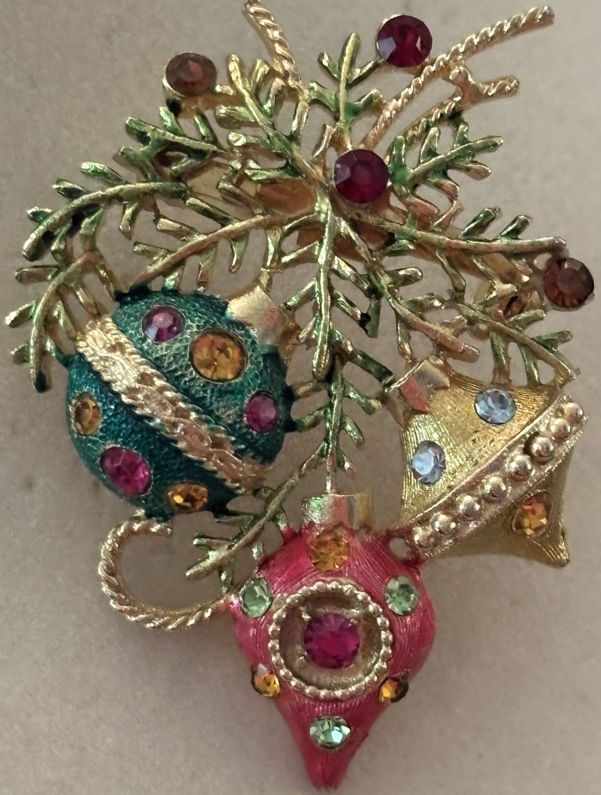 Vintage Christmas Ornament Brooch Rhinestone Enamel Holiday Tree Branch Pin 2”