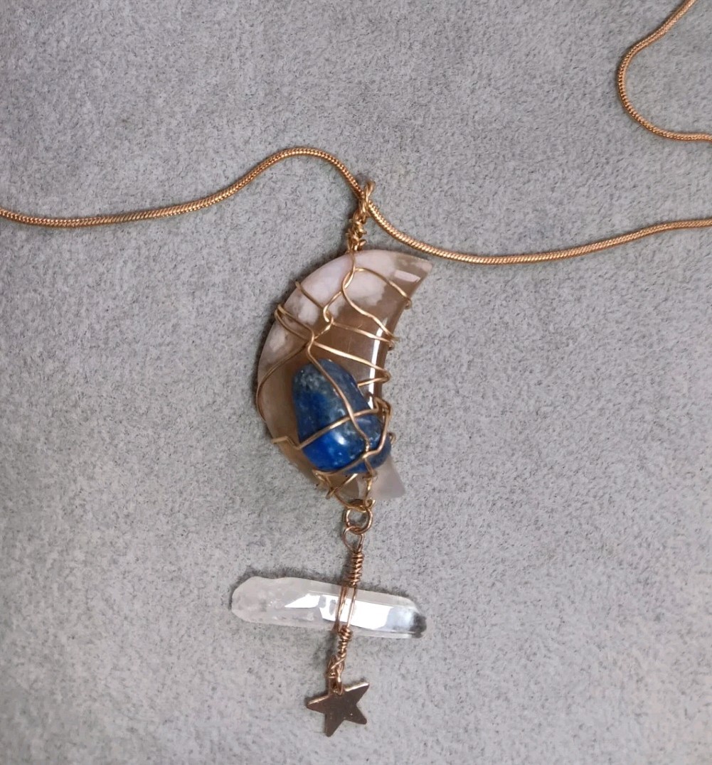 Wire Wrapped Jewelry Moon Pendant Star Necklace Agate Quartz Crystal Lapis Stone