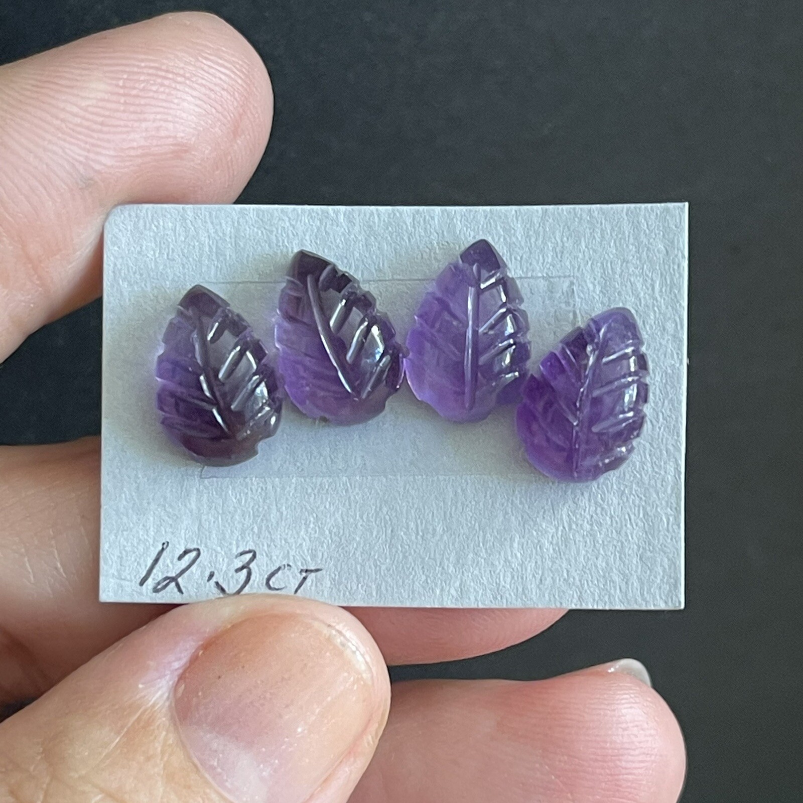 12.3ct 12x8x5mm 4pc Lot Purple Leaf Carved Flat Back Amethyst Cabochons Gems