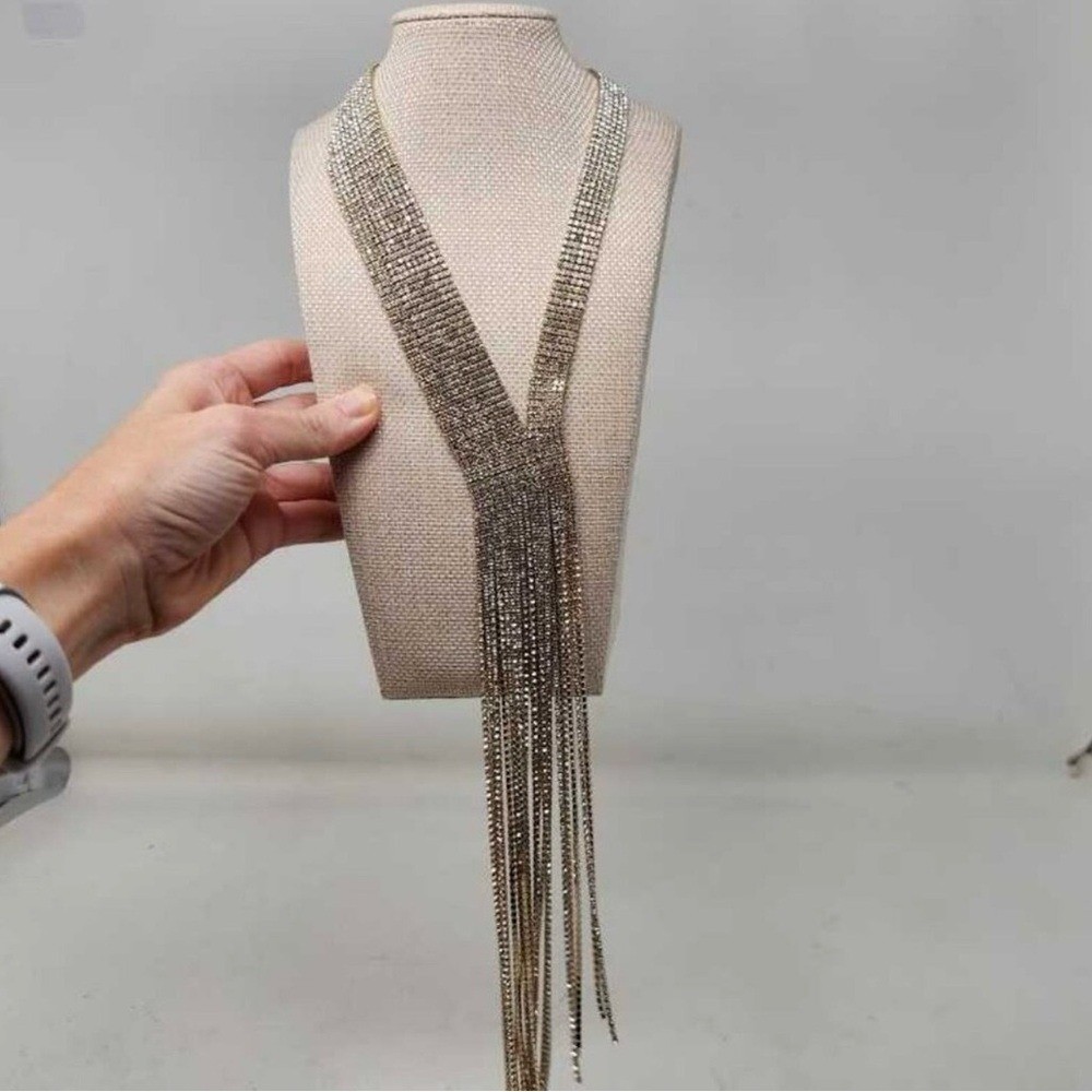 Anthropologie Silver Rhinestone Fringe Statement Necklace NWOT