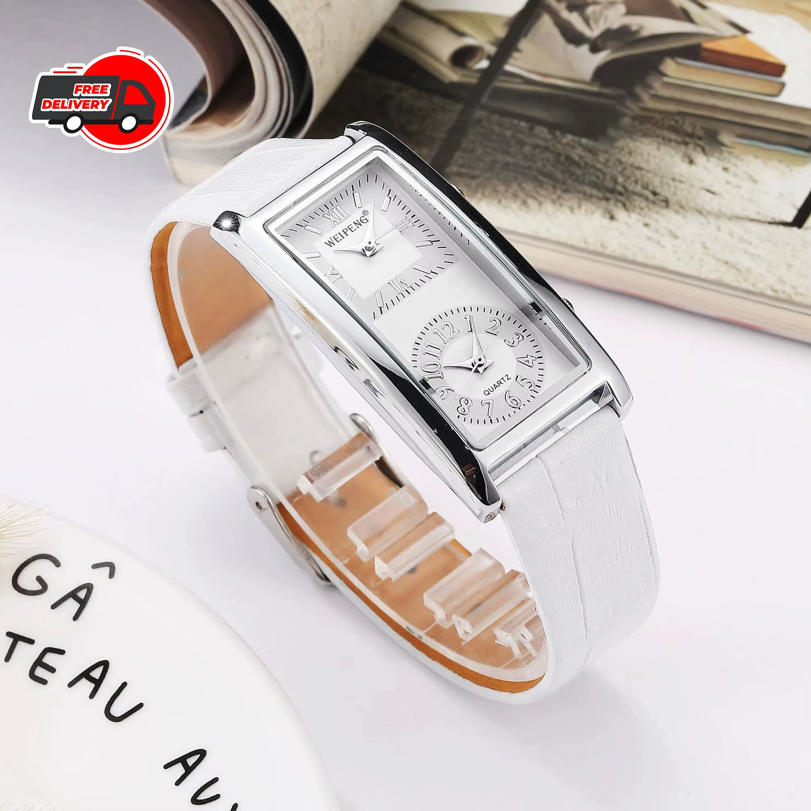 Dual Time Zone Men’s Women’s Quartz Rectangle Wrist Watch Black PU Leather Band