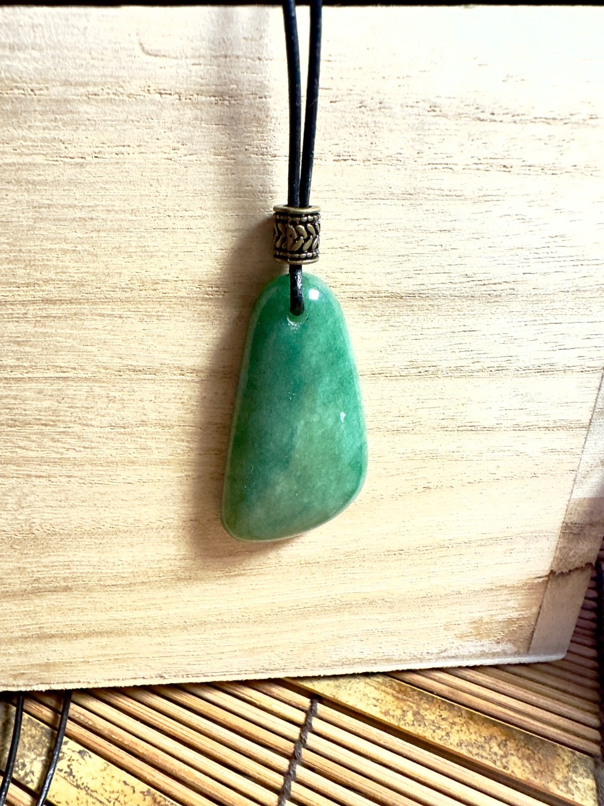 Green Jade Pendant Unisex Necklace Black Leather Cord Adjustable Good Luck