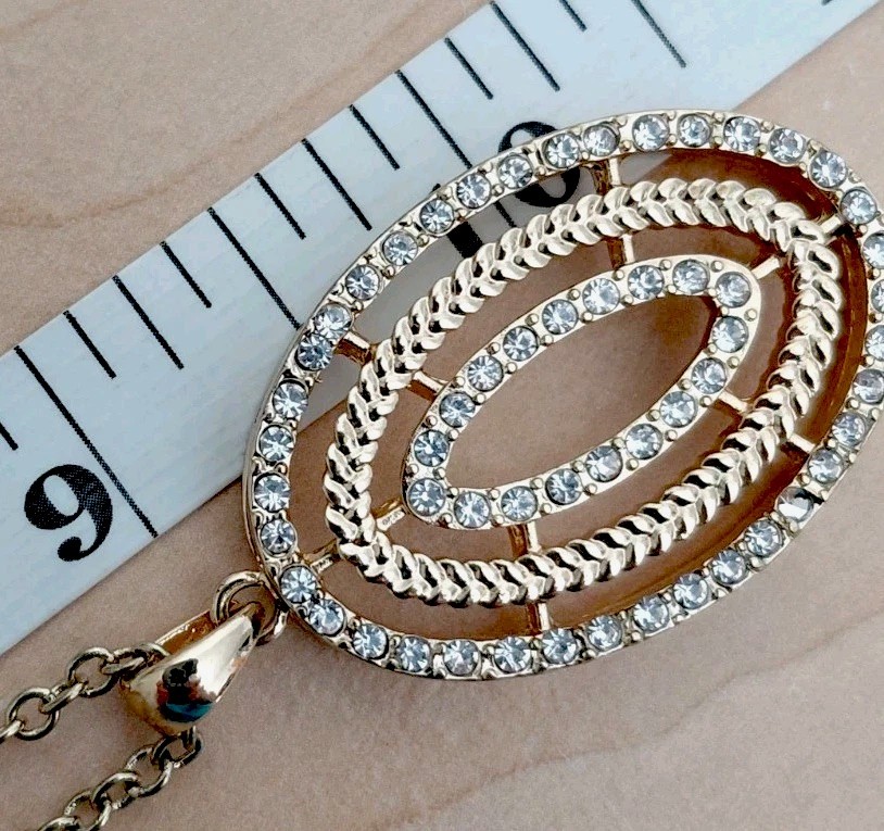 Gold Tone Oval Pendant Necklace _ Clear Rhinestone Accents _ None Missing