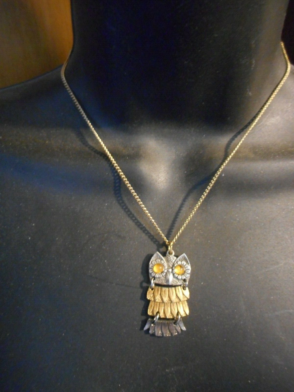 Owl Articulated Pendant Necklace Multi-Color Yellow Eyes- Chain 9 1/8″ L x 3/4″W