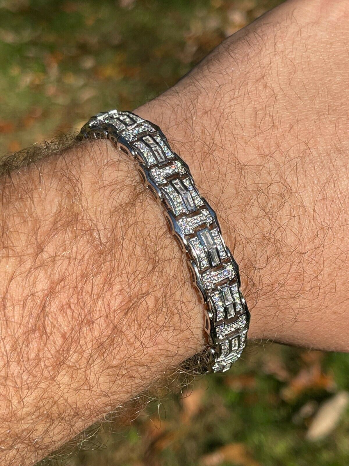 Men’s Real 925 Sterling Silver Iced Baguette Hip Hop Bust Down CZ Bracelet