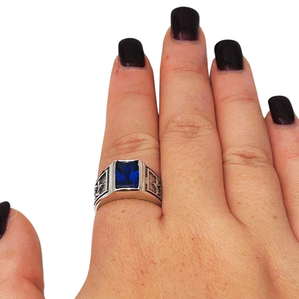 Signet Star of David Jewish Ring Sterling Silver & Blue Sapphire Solid Jewelry