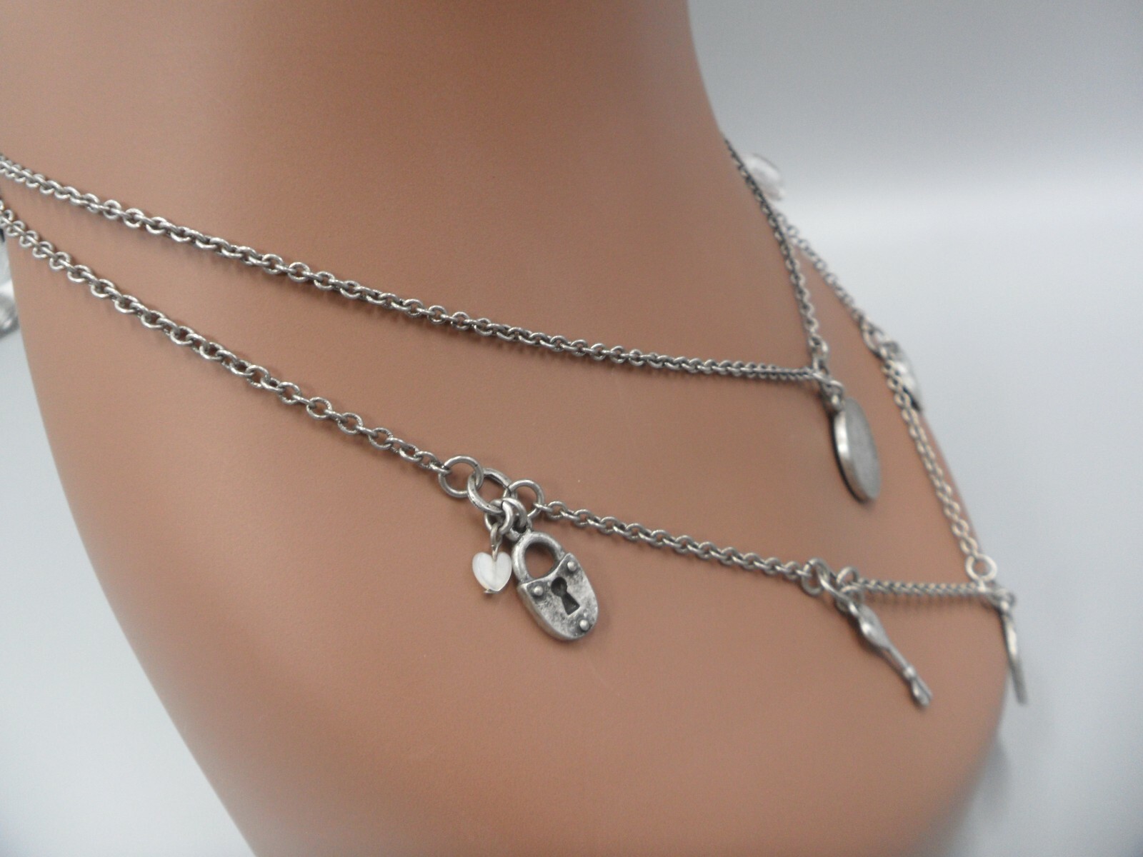 AE Signed Charm Necklace American Eagle Layered Coin Heart Crown Lock Key EUC