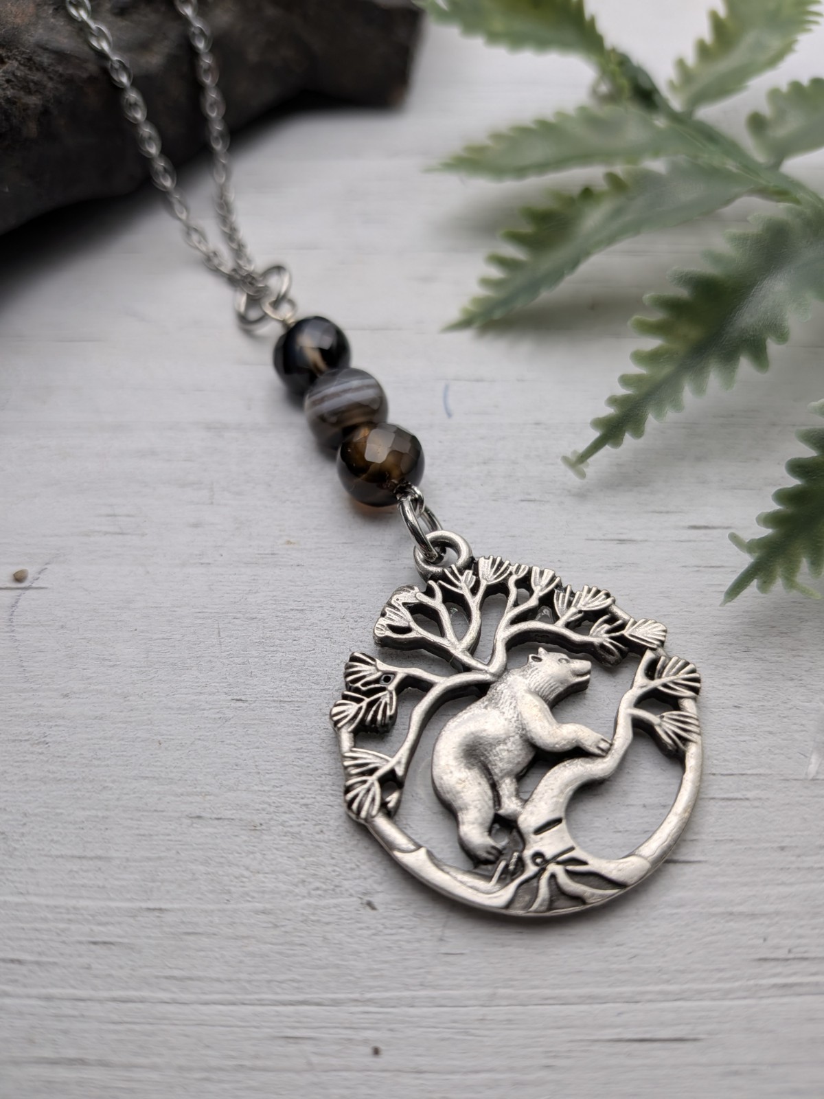 Silver Bear Pendant Necklace With Black And Brown Beads, Nature Themed