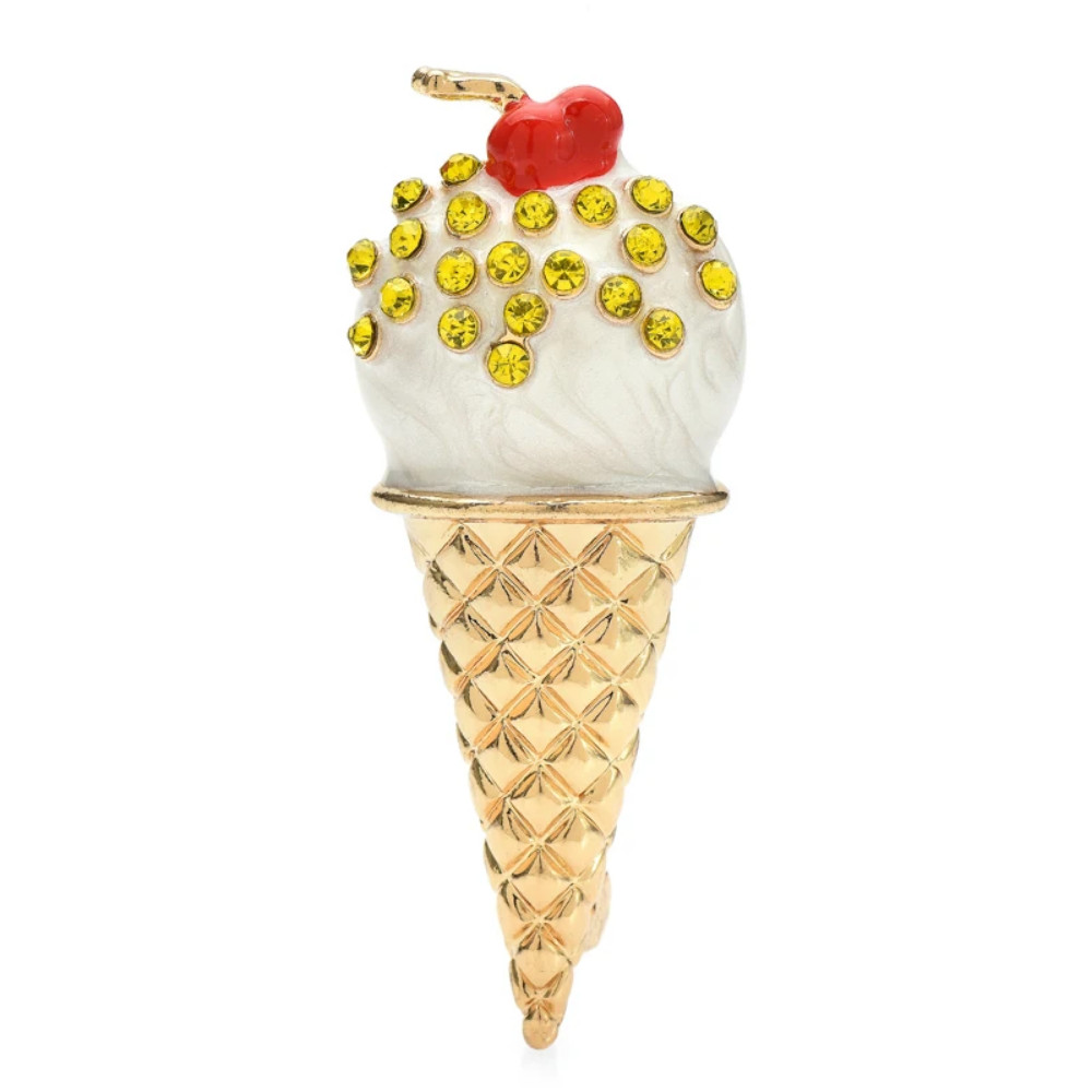 Retro Ice Cream Cone Brooch Gold Rhinestone Novelty Pin Beach Summer Gift Jewelr