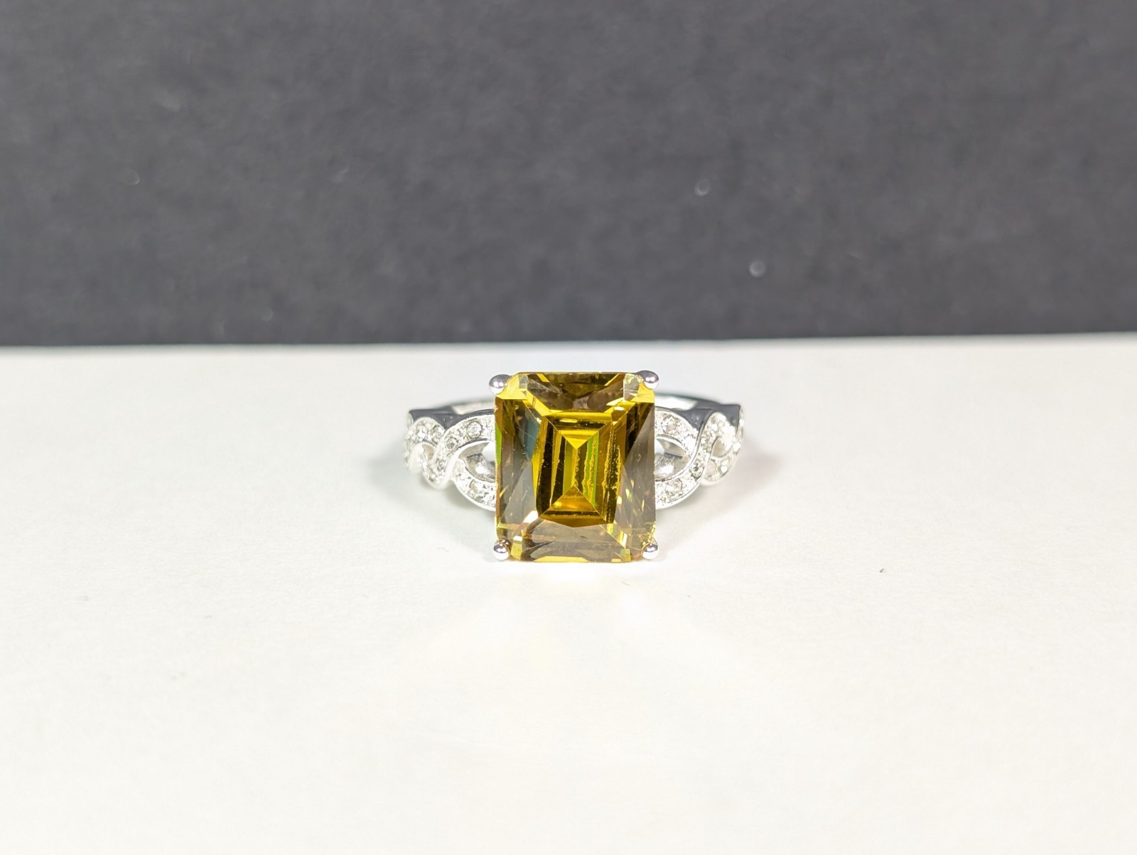 Faux Citrine Colored Gemstone Ring Silver Tone Rhinestone Size 8 Emerald Cut