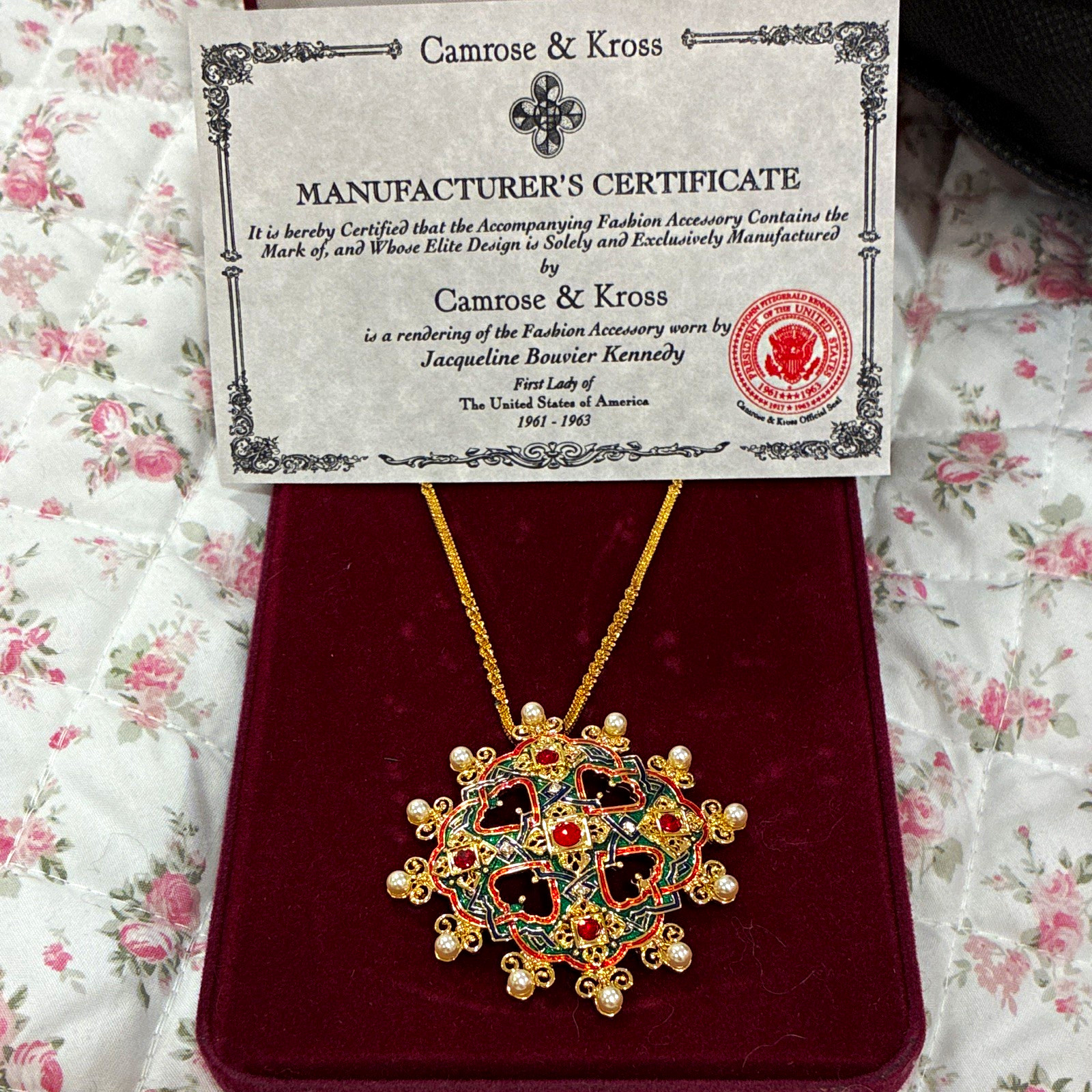Camrose & Kross Gold Tone Enamel Pendant Necklace Red Crystal Pearl Adjustable