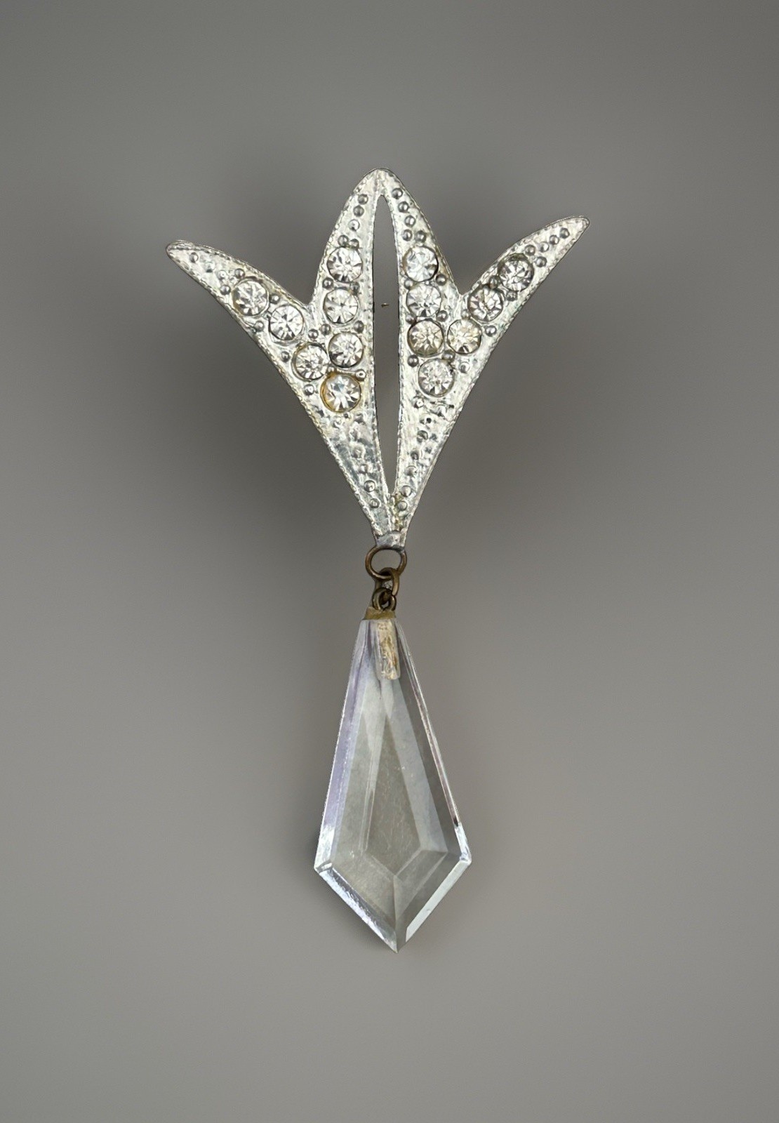 Vintage Art Deco Pot Metal Rhinestone Brooch with Faceted Glass Crystal Drop 3”