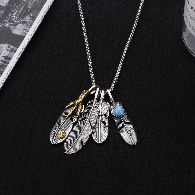 Fashion Metal Eagle Claw Feather Turquoise Pendant Necklace Four Feathers Chain