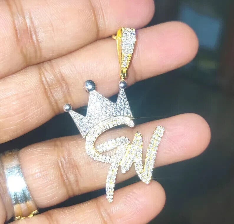 2Ct Round Cut Simulated Diamon Crown Letter Crown Pendant 14K Yellow Gold Plated