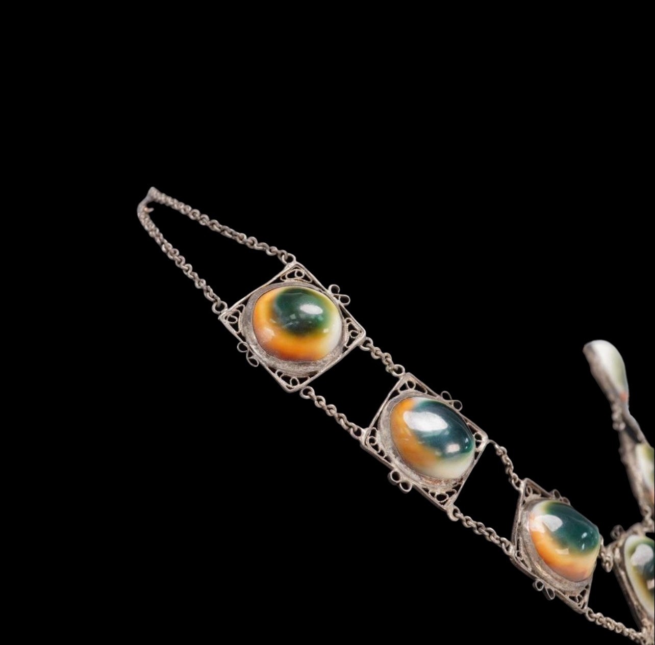 SS Vintage Filigree Necklace Bracelet Set Natural Operculum Cabochons Cats Eye
