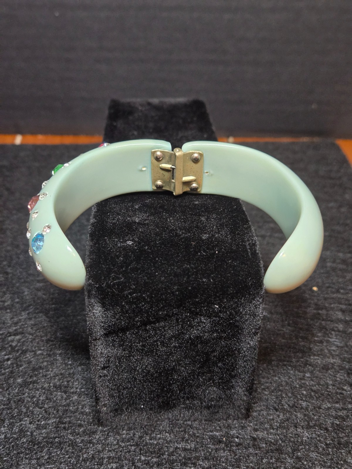 Vintage Powder Blue Bakelite Clamper Bracelet with Rhinestones